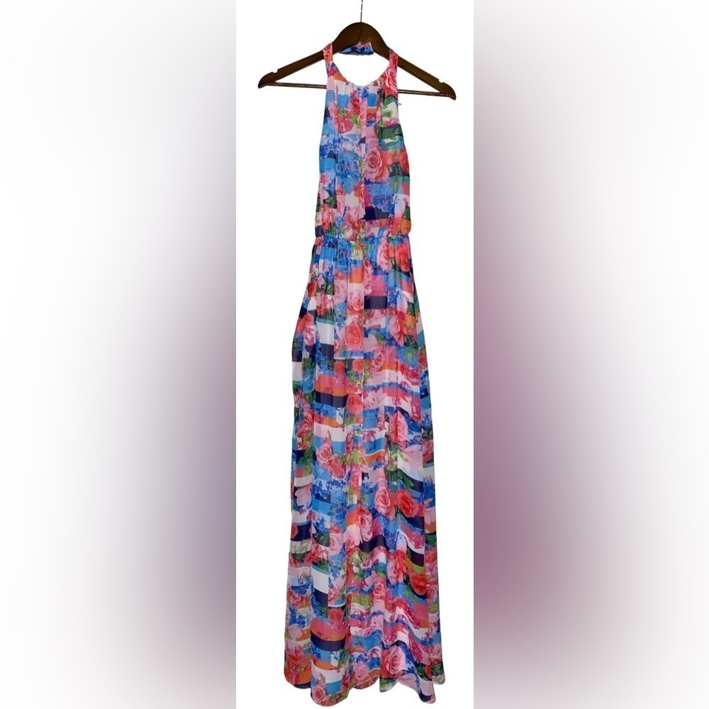 Jessica Simpson Halter Watercolor Maxi‎ Dress Women 4 Vacation Resortwear Dinner